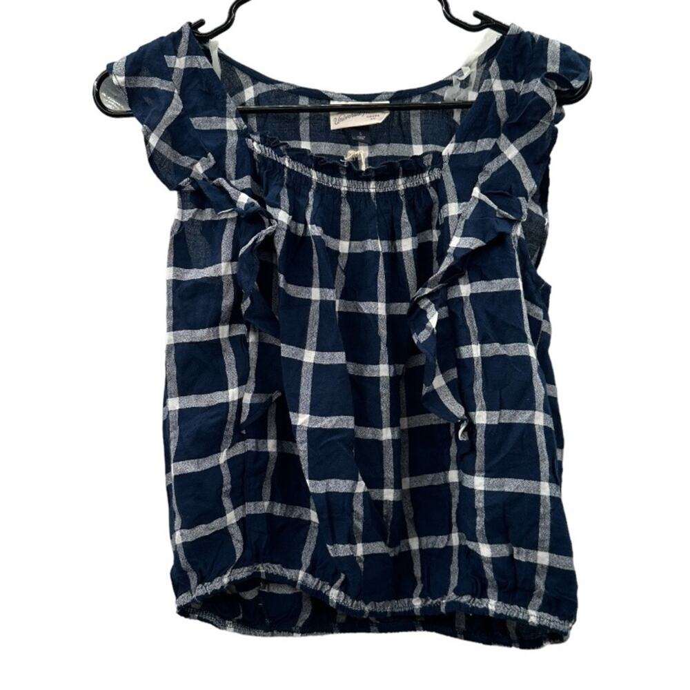 Universal Thread Navy Blue & White Plaid Ruffled Sleeveless Top Size S